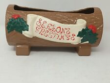 Christmas Card Holder Planter Seasons Greeting Vintage Ceramic Log 1984 picture