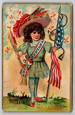 Fourth of July Greetings Girl Holding Flag & Fireworks c1910 Postcard picture
