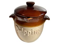 Large vintage 3-piece pottery Drippings container lidded crock brown cream glaze picture