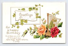 c1911 Postcard Happy Birthday Greetings Prayer Harp Roses Embossed picture