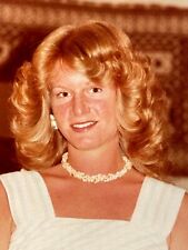 FG Photograph Pretty Lovely Woman Big Feathered 1980's Hair Shell Necklace picture