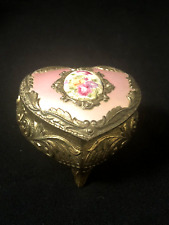 Vintage heart shaped trinket box w/faux floral cameo Gold tone & Pink top picture
