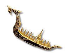 Vintage Siam Bright Gold Black Enameled Dragon Boat Pin Brooch picture