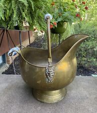 Vintage Solid Brass Coal Scuttle Bucket Lion Porcelain Handles Planter Large picture