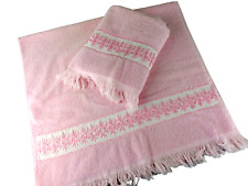 Two Vintage CANNON ROYAL FAMILY Embroidered Pink Fringe Bath Towels picture