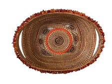 Vtg Wicker Basket Carved Walnut Inlays Orange Beaded Trim Wall Art Decoration picture