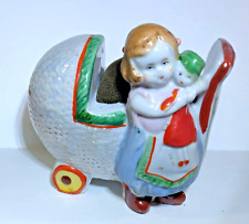 VINTAGE GIRL WITH DOLL AND BUGGY FIGURAL PIN CUSHION MADE IN JAPAN picture