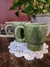 Vintage Set of 2 Green Stacking Coffee Mugs Cups, Made In Japan  picture