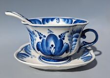 Vintage Gzhel? Tea Cup Saucer Spoon Set Blue & White Floral Porcelain Russian picture