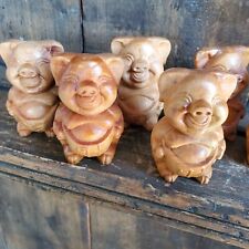 Cute Little Laughing Hand Carved Wood Pigs Piglets Hog Figurines picture