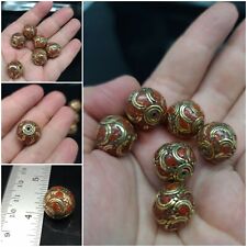 Tibetan Nepalese Artisan Handmade Brass Coral Inlay 6 Beautiful beads Tibet  picture
