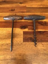 2 Antique Vtg Wood Handle Tools, Gimlet Hand Auger, Screw Starter/Corkscrew picture