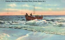 Vintage Postcard 1948 Fishing Boat Cresting Breaking Wave Ocean Grove New Jersey picture