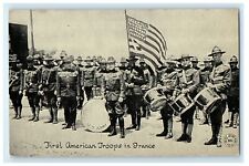 c1910s First American Troops in France Holding US Flag and Drums Postcard picture