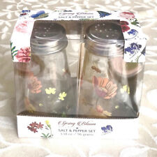 Floral Honey Bee Salt & Pepper Shakers Set Clear Glass NIB NEW Spring Summer picture