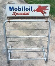 Vintage *Double Sided* MOBILOIL Special Pegasus Oil Can Rack Stand Aluminum Sign picture
