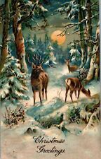 Christmas Greetings, Deer, Moon, Pine Trees, Snow Embossed Postcard picture