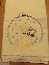 *PRICE DROP* VTG Yellow Hand Embroidered Tea Towel with The Groom Cat Kitten picture