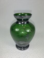 Green Glass Vase Silver Overlay Hand Painted Venice Scape 4” picture