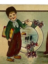 Atq Early 1900s Ephemera Posted Postcard Best Wishes Dutch Boy Nautical Sailboat picture