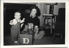 Lady Baby Photograph Playing Standing 1954 Vintage Fashion Indoors 2 1/2 x 3 1/2 picture
