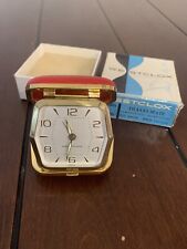 VINTAGE WESTCLOX RED FOLDING WIND-UP TRAVEL ALARM CLOCK RED LEATHER CASE * picture
