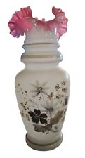 Antique Victorian Bristol Hand Blown Glass Vase w/ Pink Ruffled Rim & Floral picture