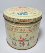 Vintage Christmas Round Tin Cross Stitch HAPPY HOLIDAYS Winter Scene Great Cond picture
