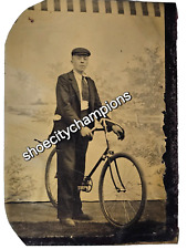 TINTYPE PORTRAIT in STUDIO-YOUNG MAN POSED w/ BICYCLE-6th PLATE-c1890-UNCASED picture