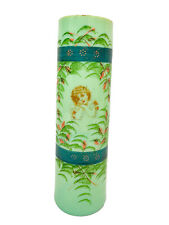 Antique Bristol Green Opaline Jadeite Painted Glass Vase - Victorian Era Girl picture