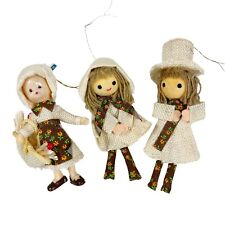 3 Vtg 80's Holly Hobbie Style Christmas Ornaments Folk Girls Burlap Kitsch Japan picture