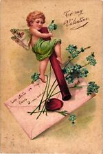 1913 Finkenrath Valentine's Greetings Cherub on Antique Wax Seal Stamp Postcard picture