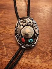 S.S.I. Bolo Tie Silver Turquoise Vintage Navajo Western Buffalo Nickel picture