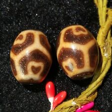2pcs Antique Magic Old Tibetan Agate *Turtle Lotus* Amulet Oily Dzi Beads C018 picture