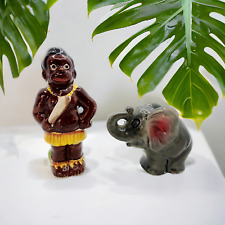 Vintage Tribal African Man and Elephant 1950s Salt and Pepper Shakers Set picture