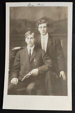 RPPC Handsome Young Men Couple Pose Studio Holding Book Glasses 1913 picture