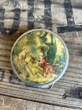 1930s Antique Painted Top Metal Compact With Chain Mail Base Unused picture