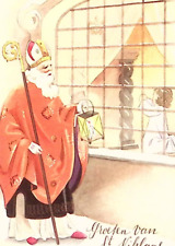 1950s BELGIUM Christmas Postcard Black Robe St Nicolas Sees Girl Pray Window picture