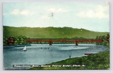 c1908 Covered Bridge over Susquehanna River Sailboat Athens PA Antique Postcard picture