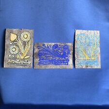 3 Vintage 80’s Mexican Folk Art Paintings Amate Bark Paper 6 x 4 Floral Patterns picture