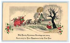 Christmas Greetings Boys Riding Horse Carriage Blown Horn Unposted Postcard picture
