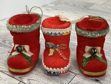 3 Vintage Flocked Santa Boot Christmas Ornaments Red White Holly Bows Japan picture