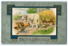 1908 Easter Greetings Lamb Chicken Hen Eggs Rabbit Winsch Back Antique Postcard picture
