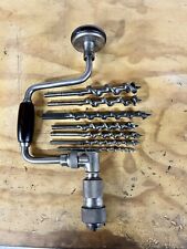 Vintage HSB Stanley Bit Brace Hand Drill, Universal Jaws Bearing Chuck & 7 Bits picture