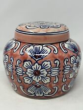 ginger jar with lid 6” tall 7” wide coral colors floral asian india ceramic NEW picture