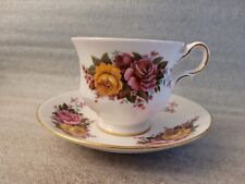 VTG Queen Anne England Red & Yellow Rose Gold Rimmed Footed Tea Cup And SAUCER  picture