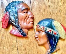 Vintage INDiAN Wall Hanging Chalkware SET MAIDEN Native American Chief 60s ESTAT picture