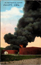 CT-354 OK Seminole Oil Tank Burning Struck by Lightning Linen Postcard Oklahoma picture