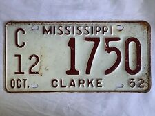 1962 MISSISSIPPI MS Clarke Co. License Plate Tag C12-1750 Red White Vintage picture
