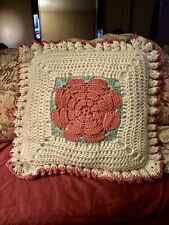 VTG Crocheted Rose Shabby Boho Cottagecore Grannycore Handmade Pillow 15” X 15” picture